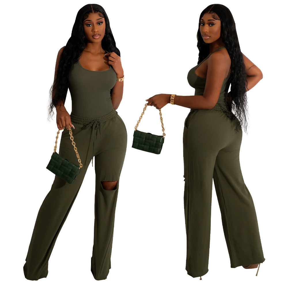 Yummy Ripped Wide-leg Pants 2 piece set