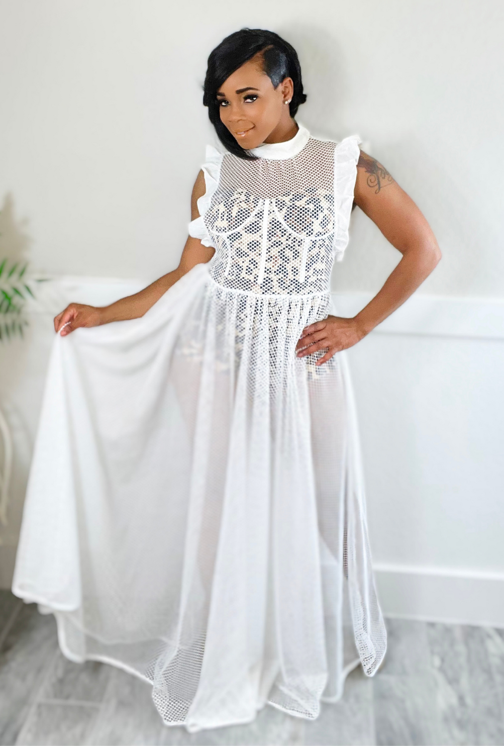 Head Over Heels- White Mesh Dress/Romper 2 piece Set